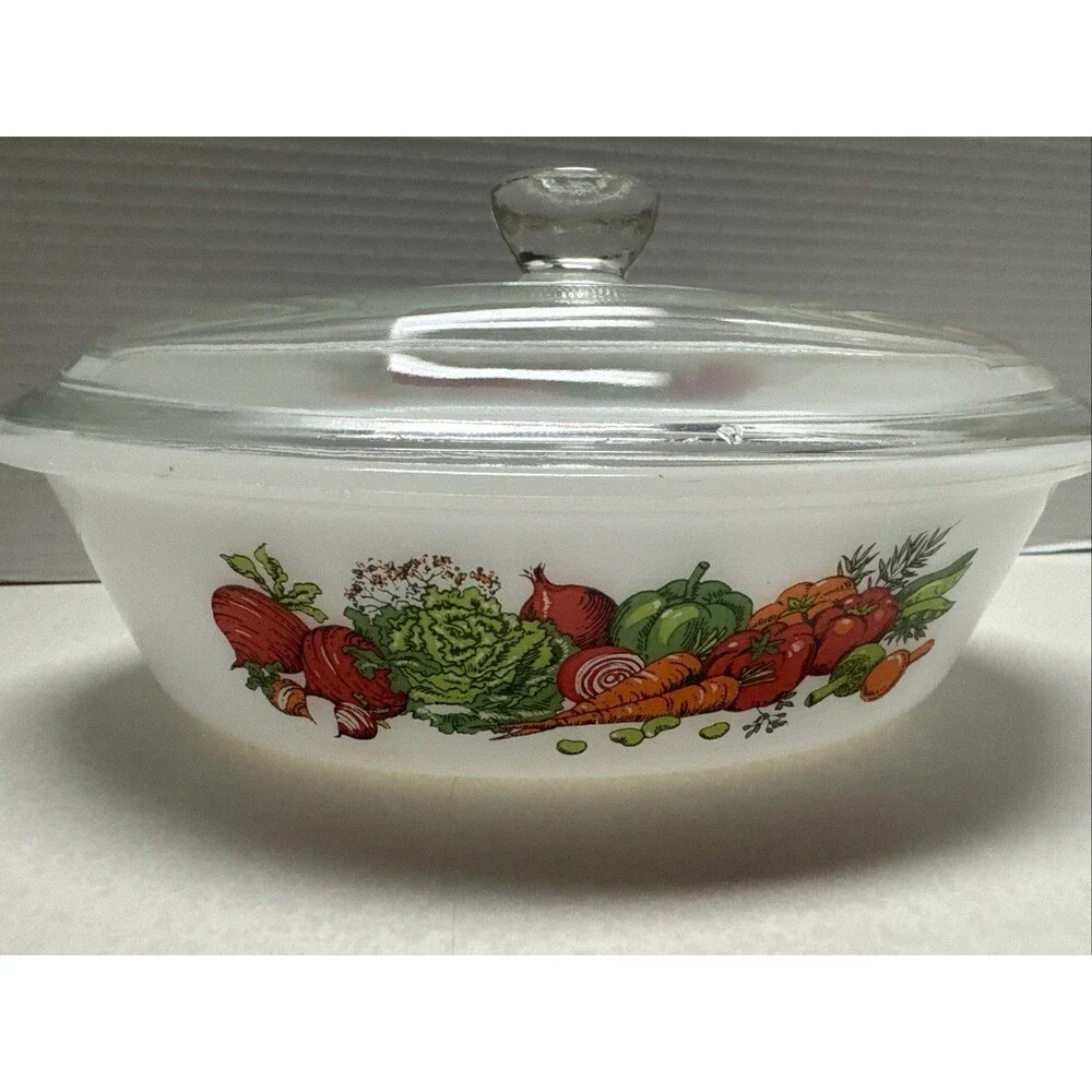 Vintage Glasbake Milk Glass Oval Vegetables Theme 1 qt Casserole Dish W/ Lid